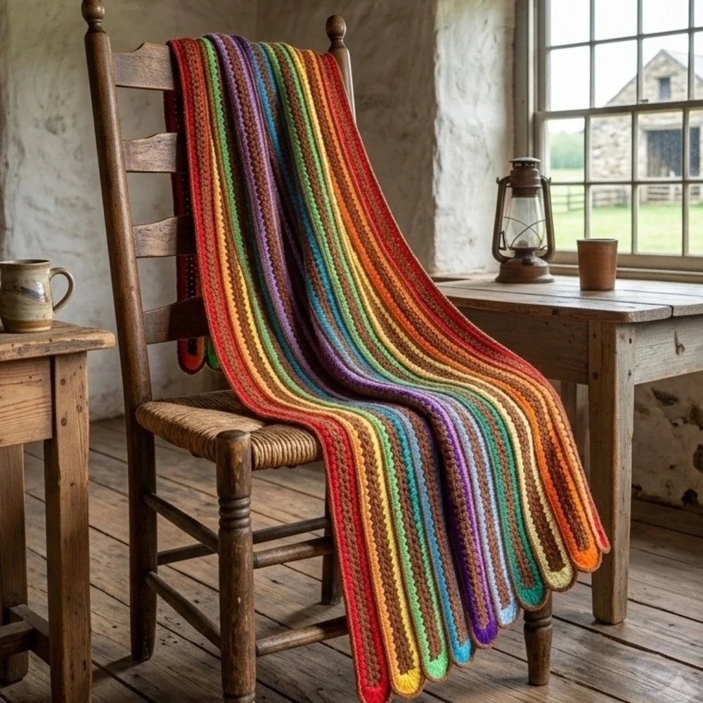 Vintage Handmade Crochet Rainbow Stripe Blanket Brown Scalloped Edge Retro 68x60